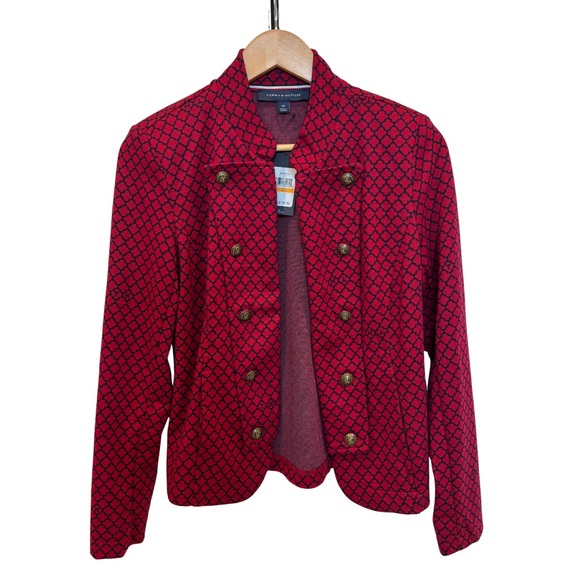 NWT $109 Tommy Hilfiger S Red Navy Jacquard Military Blazer Jacket Workwear - Picture 4 of 12